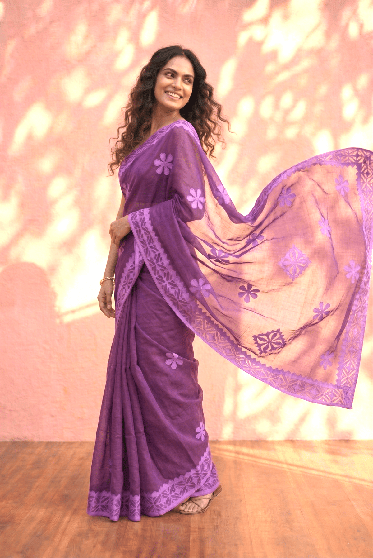 Sehaj ~ Exclusive Hand-Stitched Appliqué Weave Cotton Saree Floral Appliqué Pallu In Royal Purple - verymuchindian.com