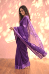 Sehaj ~ Exclusive Hand-Stitched Appliqué Weave Cotton Saree Floral Appliqué Pallu In Royal Purple - verymuchindian.com