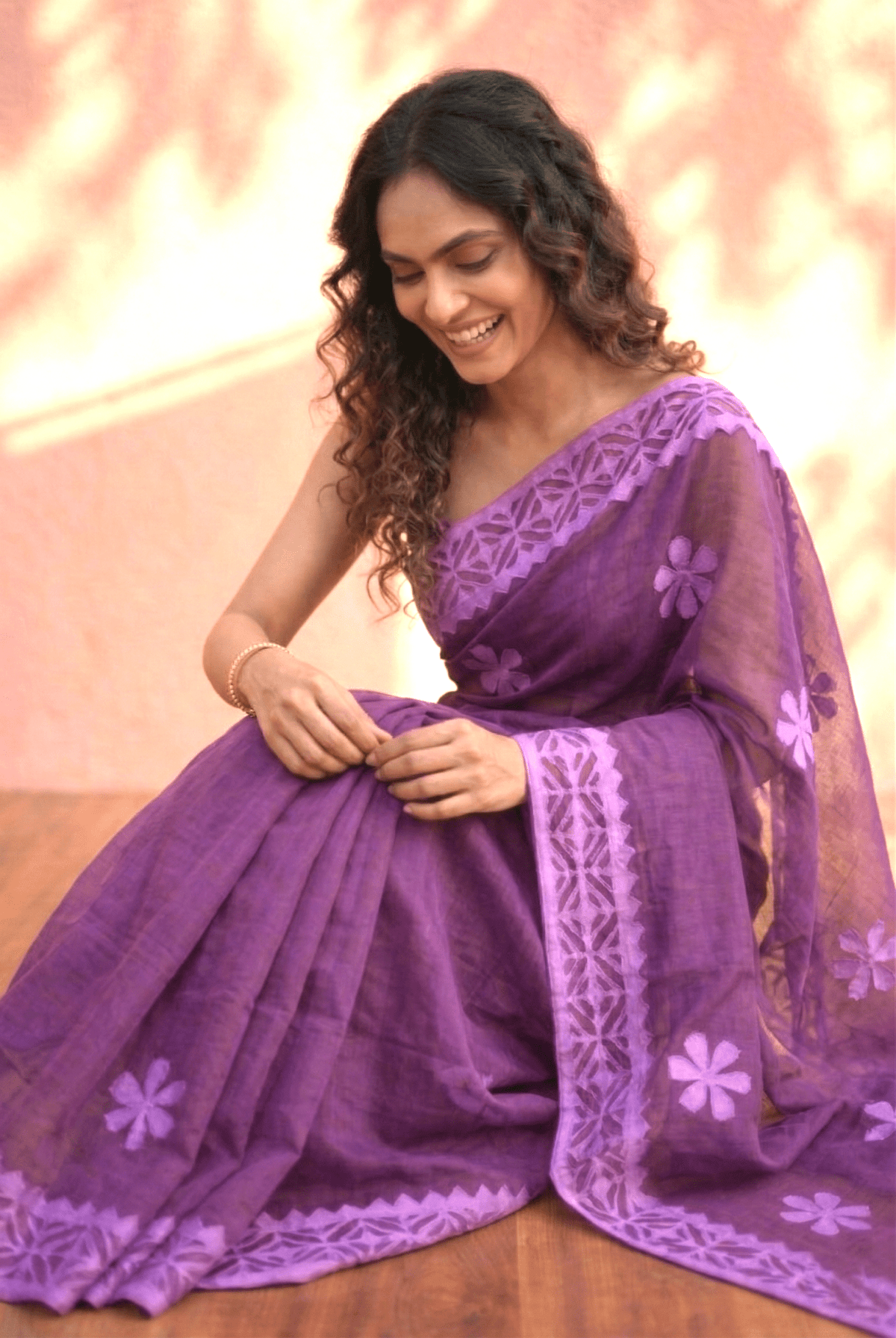 Sehaj ~ Exclusive Hand-Stitched Appliqué Weave Cotton Saree Floral Appliqué Pallu In Royal Purple - verymuchindian.com
