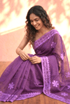 Sehaj ~ Exclusive Hand-Stitched Appliqué Weave Cotton Saree Floral Appliqué Pallu In Royal Purple - verymuchindian.com