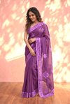 Sehaj ~ Exclusive Hand-Stitched Appliqué Weave Cotton Saree Floral Appliqué Pallu In Royal Purple - verymuchindian.com
