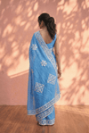 Sehaj ~ Exclusive Hand-Stitched Appliqué Weave Cotton Saree Floral Appliqué Pallu Powder Blue - verymuchindian.com