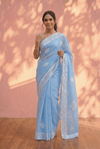 Sehaj ~ Exclusive Hand-Stitched Appliqué Weave Cotton Saree Floral Appliqué Pallu Powder Blue - verymuchindian.com