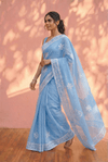 Sehaj ~ Exclusive Hand-Stitched Appliqué Weave Cotton Saree Floral Appliqué Pallu Powder Blue - verymuchindian.com