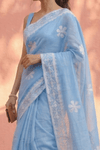 Sehaj ~ Exclusive Hand-Stitched Appliqué Weave Cotton Saree Floral Appliqué Pallu Powder Blue - verymuchindian.com