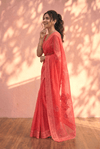 Sehaj ~ Exclusive Hand-Stitched Appliqué Weave Cotton Saree Floral Appliqué Pallu Red - verymuchindian.com