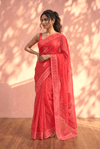 Sehaj ~ Exclusive Hand-Stitched Appliqué Weave Cotton Saree Floral Appliqué Pallu Red - verymuchindian.com