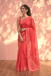 Sehaj ~ Exclusive Hand-Stitched Appliqué Weave Cotton Saree Floral Appliqué Pallu Red - verymuchindian.com