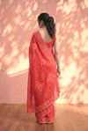 Sehaj ~ Exclusive Hand-Stitched Appliqué Weave Cotton Saree Floral Appliqué Pallu Red - verymuchindian.com