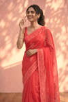 Sehaj ~ Exclusive Hand-Stitched Appliqué Weave Cotton Saree Floral Appliqué Pallu Red - verymuchindian.com