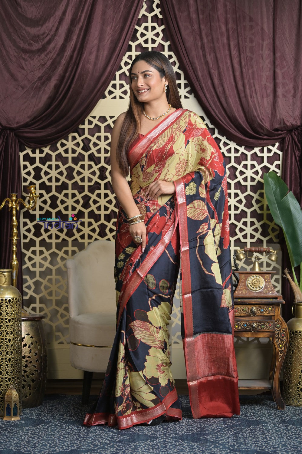 Shubh Lakshmi 2.0 ~ Handloom High Quality Pure Silk Saree with Digital Print in Red and Blue