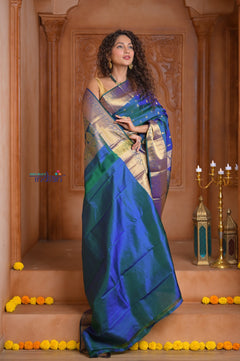 Shubh Lakshmi ~ Handloom Pure Silk Kanjivaram Saree in Dual Tone Azure Blue (Silk Mark Certified)