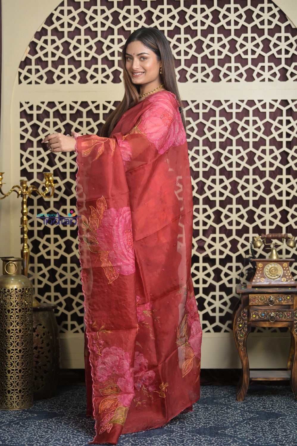 Shubh Lakshmi 2.0 ~ Handloom Pure Silk Organza Saree with Cutwork Border in Tulip Red (Silk Mark Certified)