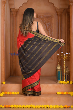 Shubh Lakshmi ~ Handloom Pure Mysore Silk Crepe Saree in Red and Black (Silk Mark Certified)