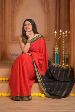 Shubh Lakshmi ~ Handloom Pure Mysore Silk Crepe Saree in Red and Black (Silk Mark Certified)