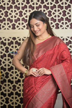 Shubh Lakshmi 2.0 ~ Handloom High Quality Pure Chiniya Silk Saree in Twilight Red (Silk Mark Certified)