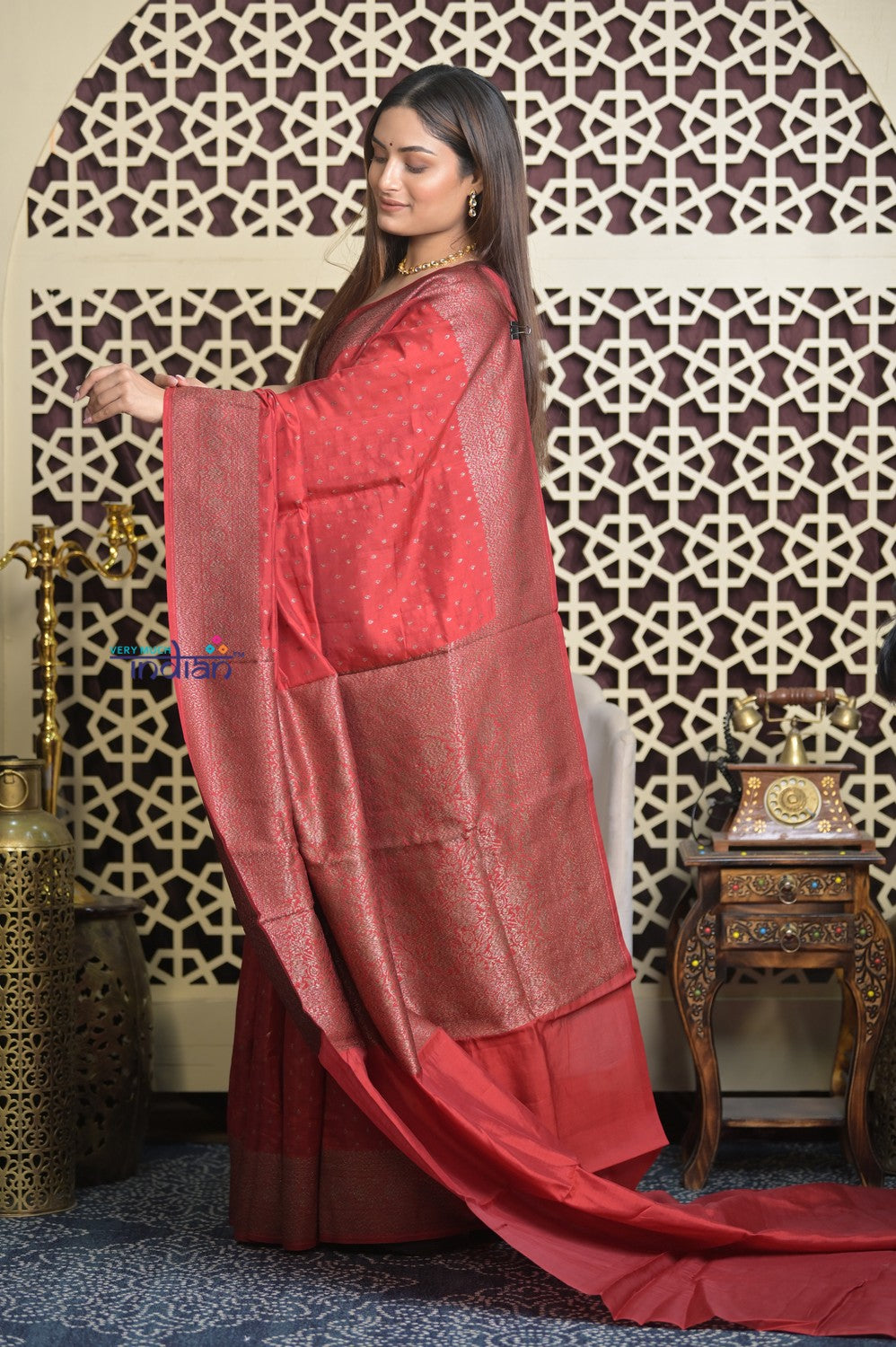 Shubh Lakshmi 2.0 ~ Handloom High Quality Pure Chiniya Silk Saree in Twilight Red (Silk Mark Certified)