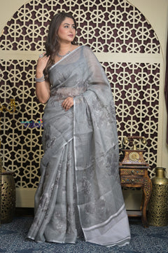 Shubh Lakshmi 2.0 ~ Designer Handloom Pure Linen Saree in Dark Grey