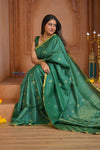 Shubh Lakshmi ~ Handloom Tussar Silk Saree with Digital Print in Dark Green
