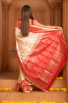 Shubh Lakshmi ~ Handloom High Quality Pure Soft Silk Saree in White and Red (Silk Mark Certified)