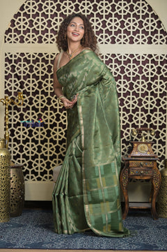 Shubh Lakshmi 2.0 ~ Handloom High Quality Pure Soft Silk Saree in Pista Green and Gold (Silk Mark Certified)