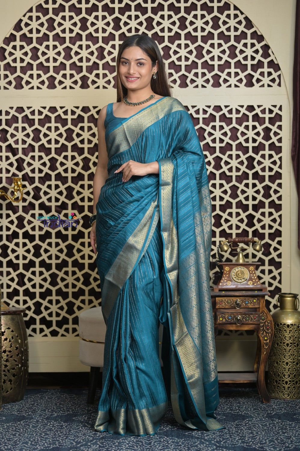 Shubh Lakshmi 2.0 ~ Handloom High Quality Pure Mysore Silk Saree in Azure Blue and Gold (Silk Mark Certified)