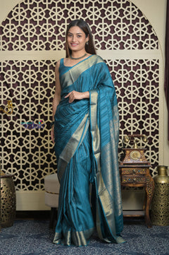 Shubh Lakshmi 2.0 ~ Handloom High Quality Pure Mysore Silk Saree in Azure Blue and Gold (Silk Mark Certified)