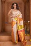 Shubh Lakshmi ~ Handloom Pure Silk Kanjivaram Saree with Temple Border in White and Multicolor(Silk Mark Certified)