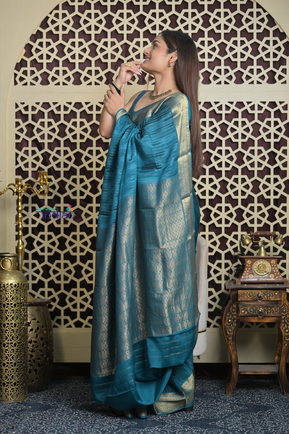 Shubh Lakshmi 2.0 ~ Handloom High Quality Pure Mysore Silk Saree in Azure Blue and Gold (Silk Mark Certified)