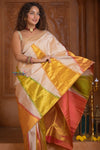 Shubh Lakshmi ~ Handloom Pure Silk Kanjivaram Saree with Temple Border in White and Multicolor(Silk Mark Certified)