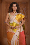 Shubh Lakshmi ~ Handloom Pure Silk Kanjivaram Saree with Temple Border in White and Multicolor(Silk Mark Certified)