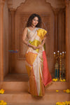 Shubh Lakshmi ~ Handloom Pure Silk Kanjivaram Saree with Temple Border in White and Multicolor(Silk Mark Certified)