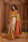 Shubh Lakshmi ~ Handloom Pure Silk Kanjivaram Saree with Temple Border in White and Multicolor(Silk Mark Certified)