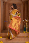 Shubh Lakshmi ~ Handloom Pure Silk Kanjivaram Saree with Temple Border in White and Multicolor(Silk Mark Certified)