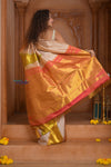 Shubh Lakshmi ~ Handloom Pure Silk Kanjivaram Saree with Temple Border in White and Multicolor(Silk Mark Certified)