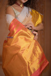 Shubh Lakshmi ~ Handloom Pure Silk Kanjivaram Saree with Temple Border in White and Multicolor(Silk Mark Certified)