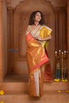 Shubh Lakshmi ~ Handloom Pure Silk Kanjivaram Saree with Temple Border in White and Multicolor(Silk Mark Certified)