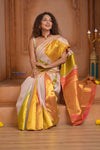 Shubh Lakshmi ~ Handloom Pure Silk Kanjivaram Saree with Temple Border in White and Multicolor(Silk Mark Certified)