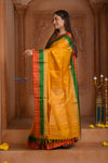 Shubh Lakshmi ~ Handloom High Quality Pure Soft Silk Saree in Turmeric Yellow with Tricolor Border (Silk Mark Certified)