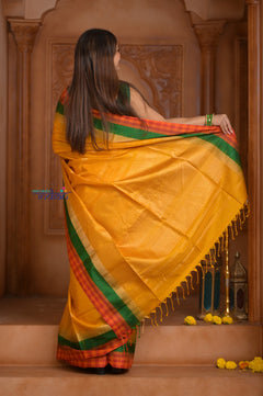 Shubh Lakshmi ~ Handloom High Quality Pure Soft Silk Saree in Turmeric Yellow with Tricolor Border (Silk Mark Certified)