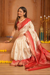 Shubh Lakshmi ~ Handloom High Quality Pure Soft Silk Saree in White and Red (Silk Mark Certified)