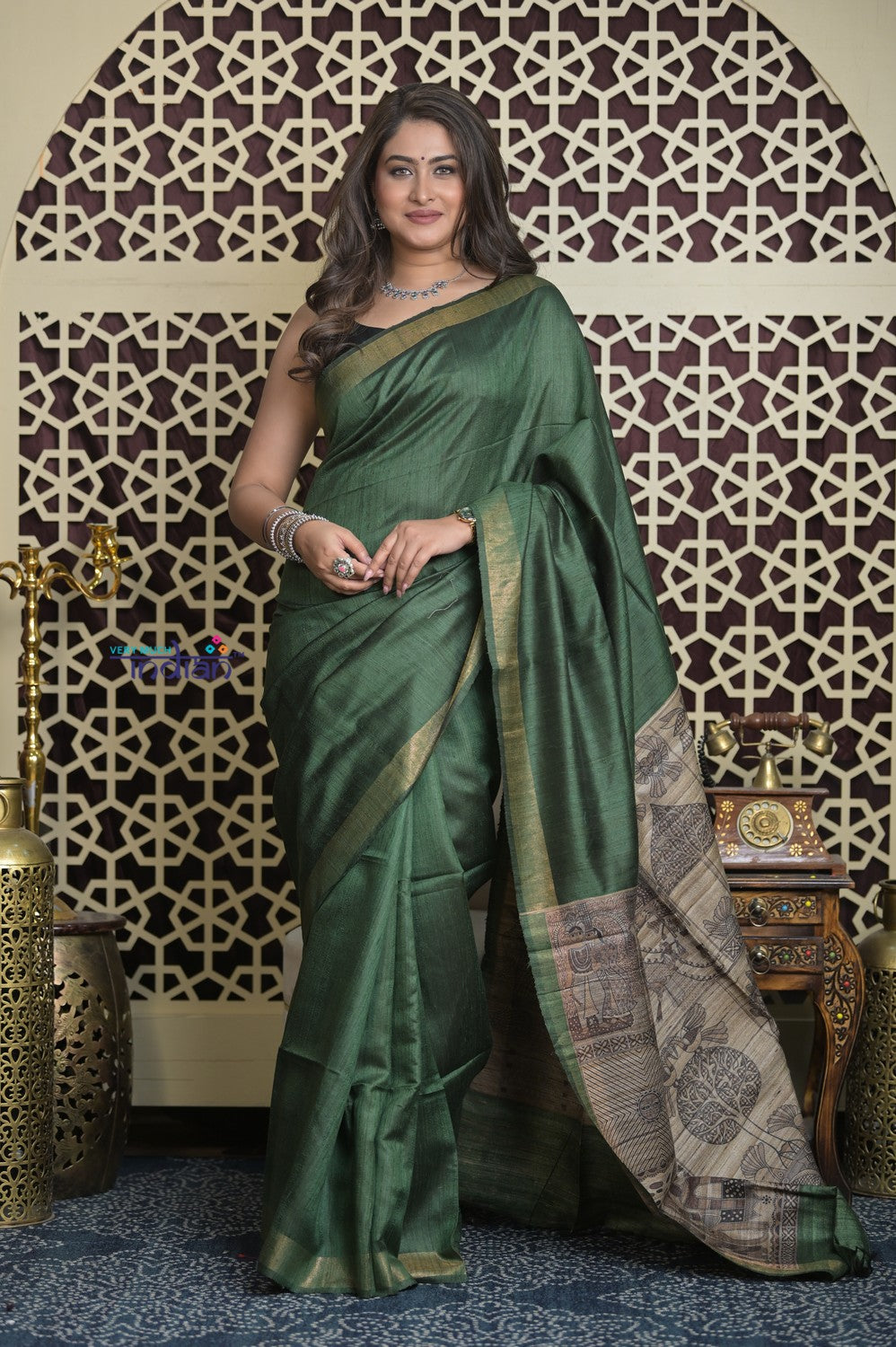 Shubh Lakshmi 2.0 ~ Handloom Pure Dupion Silk Saree with Digital Print in Dark Green