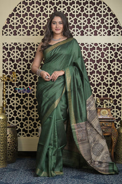 Shubh Lakshmi 2.0 ~ Handloom Pure Dupion Silk Saree with Digital Print in Dark Green