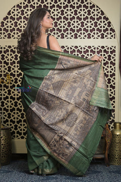 Shubh Lakshmi 2.0 ~ Handloom Pure Dupion Silk Saree with Digital Print in Dark Green