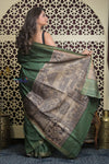 Shubh Lakshmi 2.0 ~ Handloom Pure Dupion Silk Saree with Digital Print in Dark Green