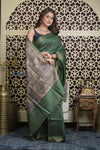 Shubh Lakshmi 2.0 ~ Handloom Pure Dupion Silk Saree with Digital Print in Dark Green
