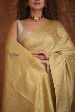 Shubh Lakshmi ~ Handloom Pure Mysore Silk Crepe Saree in Slaked Gold (Silk Mark Certified)