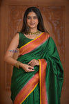 Shubh Lakshmi ~ Handloom Tussar Silk Saree with Digital Print in Dark Green and Orange