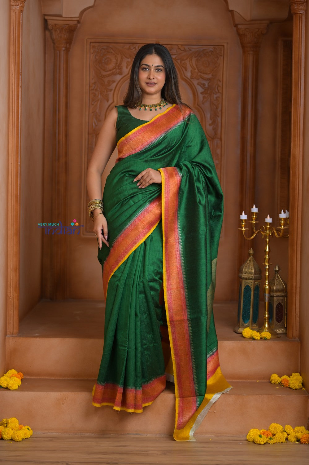 Shubh Lakshmi ~ Handloom Tussar Silk Saree with Digital Print in Dark Green and Orange
