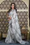 Shubh Lakshmi 2.0 ~ Designer Handloom Pure Linen Saree in Grey